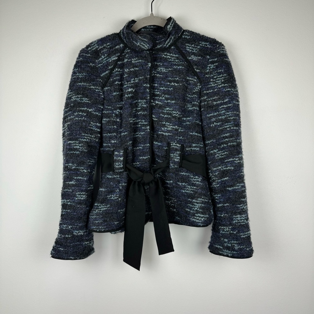 Sandro Tie Waist Blazer Jacket Tweed Textured Wool Blend Blue Black, Size Small - Picture 2 of 12